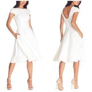Dress the Population Livia Fit & Flare Crepe Midi High Neck Cap Sleeve Dress